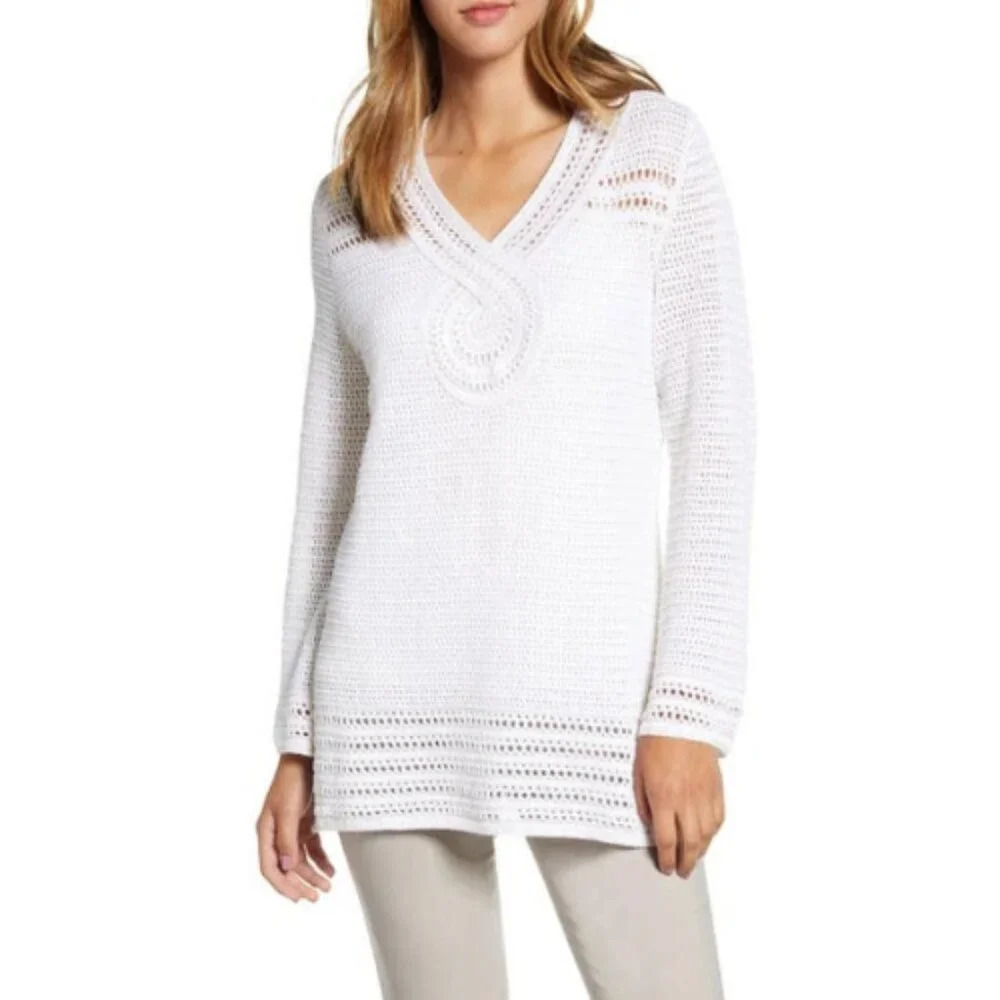 Tommy Bahama Womens Small Sand Dollar Shimmer Tunic Sweater In Soft Gold